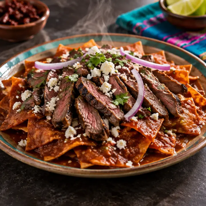 Chilaquiles con asado, recién preparado
