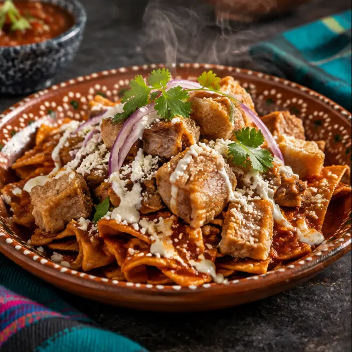 Chilaquiles con chicharrón, recién preparado