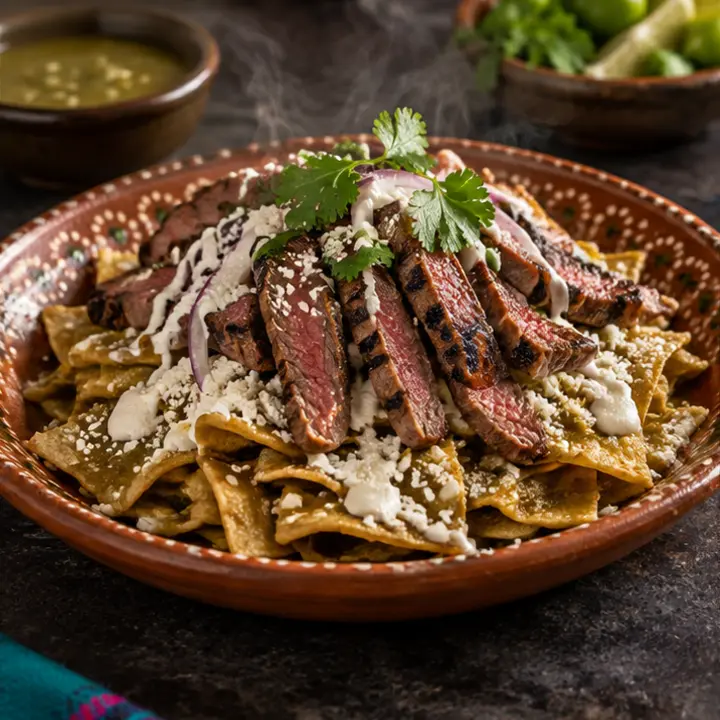 Chilaquiles con arrachera, recién preparado