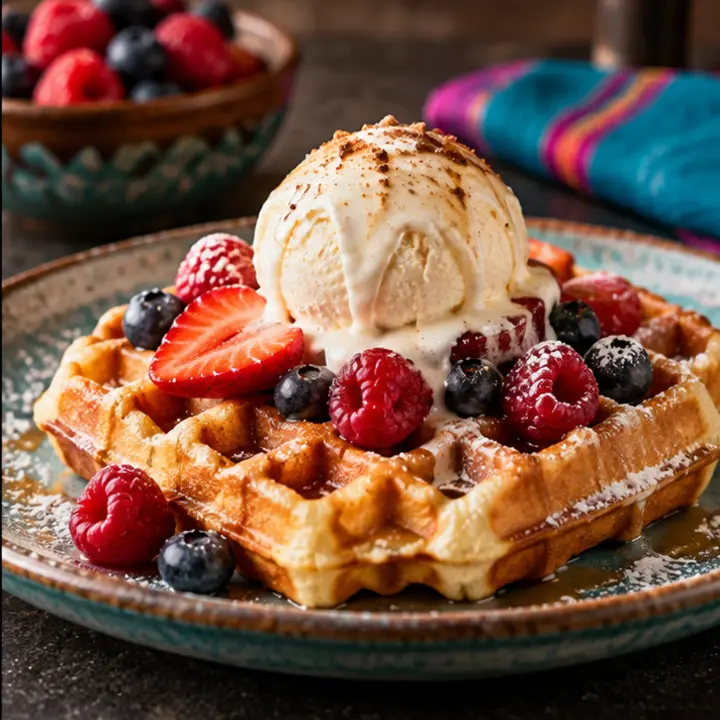 Waffle con helado, recién preparado